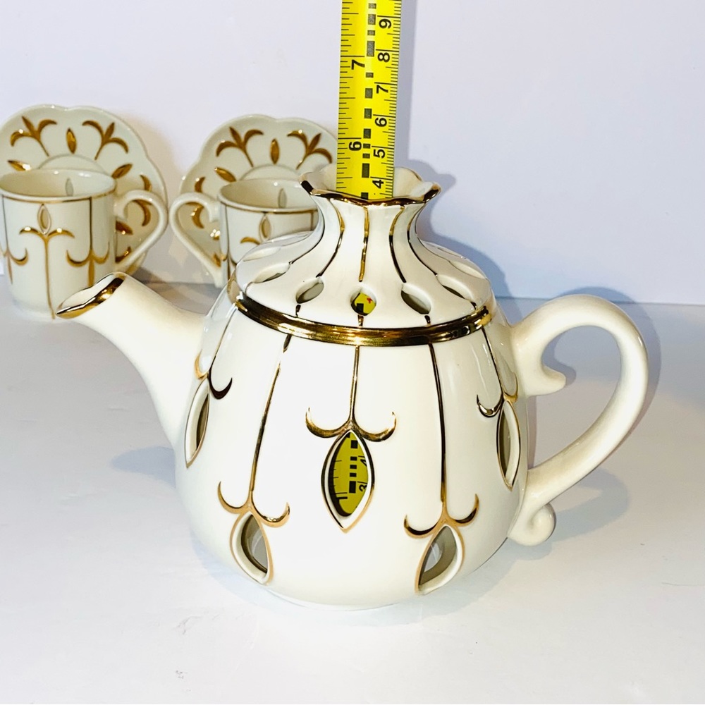 Partylite Tea for Two 5pc Votive Candle Holders Teapot Cups Saucers Ivory & Gold - Picture 13 of 15